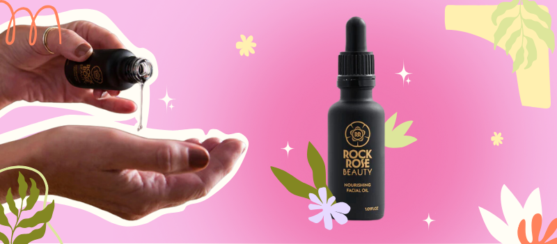 Rock Rose Beauty Nourishing Facial Oil on pink background with cartoon graphics