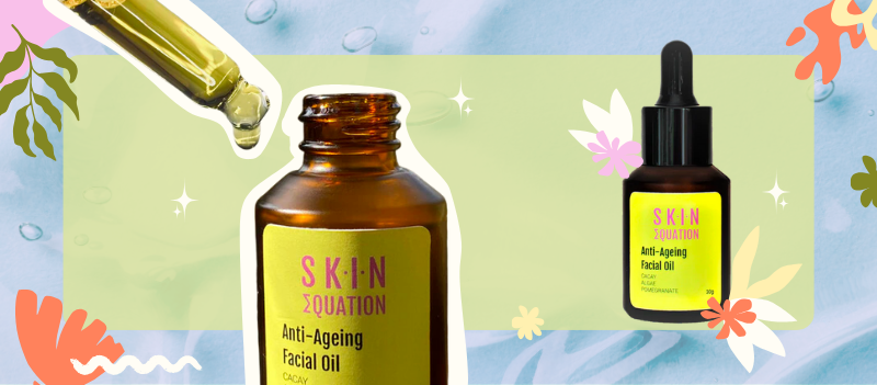 Skin Equation Anti-Ageing Facial Oi on light green background with cartoon graphics