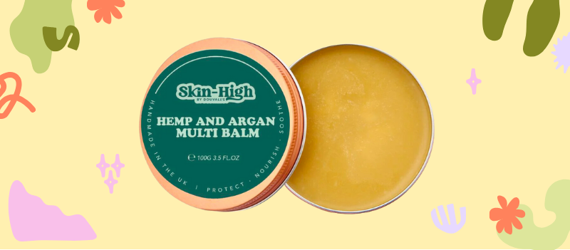 Douvalls Organic Cold Pressed Hemp and Argan Multi Balm on pale yellow background with cartoon graphics