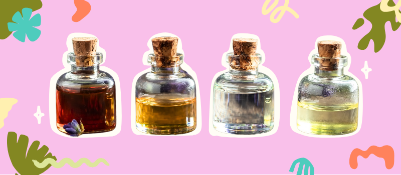 four essential oils on pink background with cartoon graphics