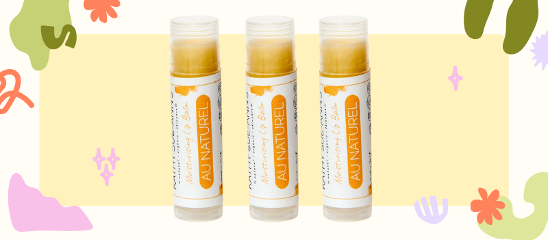 Three Moisturising Lip Balm on pale yellow square blob with cartoon graphics