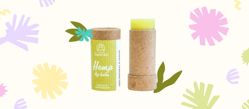 Suntribe Natural Hemp & Shea Lip Balm on off white background with cartoon graphics