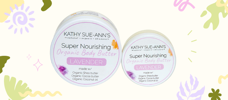 two Kathy Sue-Ann's Organic body butter lavender with cartoon graphics