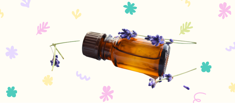 Lavender essential oil with cartoon graphics on off-white background