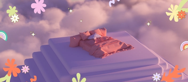 A double bed on top of a pyramid surrounded by lots of clouds and cartoon graphics around.