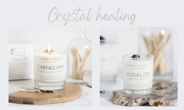 Two crystal candles from hoof and paw, sodalite and carnelian with essential oils and natural fragrance for the home