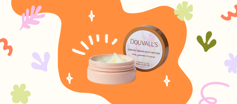 Organic Creamy Argan Body Butter Lavender and Lemon on orange blob and off white background with cartoon graphics