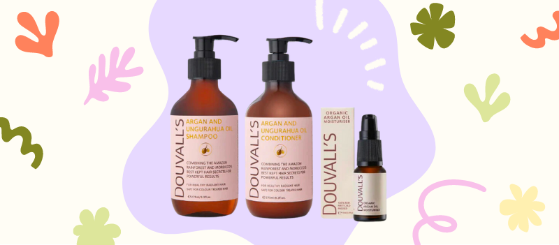 Organic Argan Haircare Lovers Set on purple blob and off white background with cartoon graphics