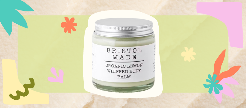 Bristol Made Natural organic body butter whipped lemon on shea butter background with colourful cartoon graphics