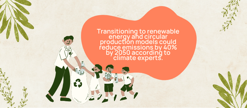 An orange blob with text in the middle, accompanied by cartoon graphics of plants around it, and a cartoon illustration of plastic recycling.
