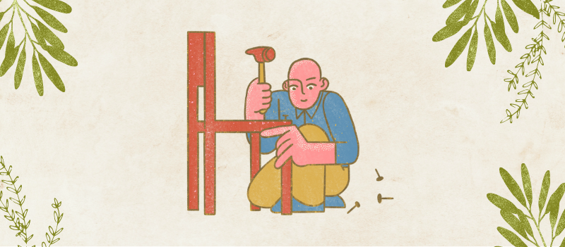 A cartoon graphic of a man fixing a chair, with cartoon graphics of plants around