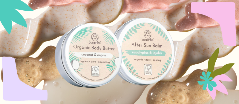 Natural After Sun Balm Eucalyptus & Jojoba and Natural Body Butter Coconut & Argan on cartoon graphics