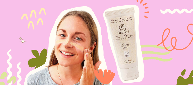 a woman using Natural Mineral Day Cream SPF 20 with cartoon graphics