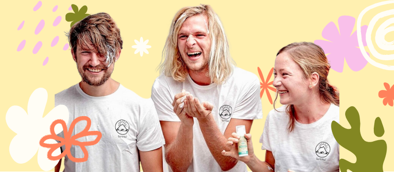 Karl, Hampus and Julia on a pale yellow background with cartoon graphics