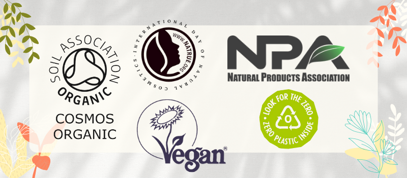 Natural certification brands - soil association, vegan society, plastic free, NPA