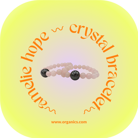 a pair of rose quartz crystal bracelets on a gradient yellow and lilac background with orange writing