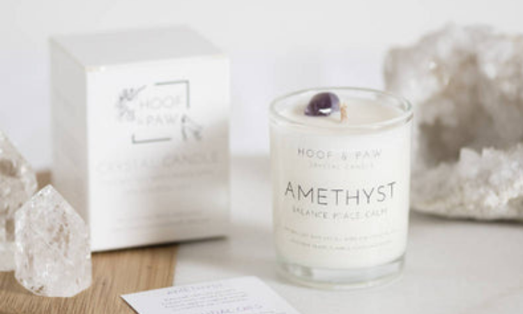 Travel sized amethyst crystal healing candle with essential oils for relaxation in our mother's day gift guide