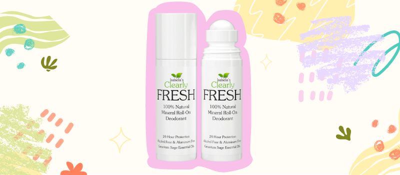 A Clearly FRESH Natural Magnesium Deodorant on off white background with cartoon graphics