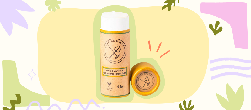 Lime & Vanilla Natural Deodorant Tube on a yellow blob with cartoon graphics