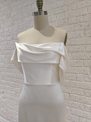 Silk satin wedding dress , custom made by Catherine Langlois. Off the shoulder, simple, column wedding dress.