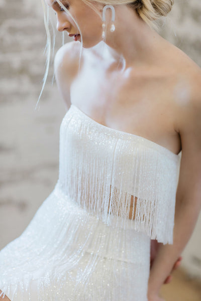 CatherineLangloisBridal_Short Two piece wedding dress with fringe.