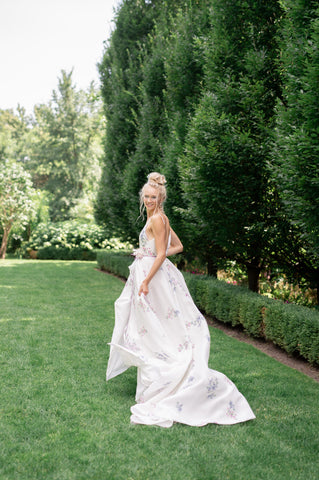 Catherine Langlois Bridal Custom made wedding gowns. Floral print wedding dress.