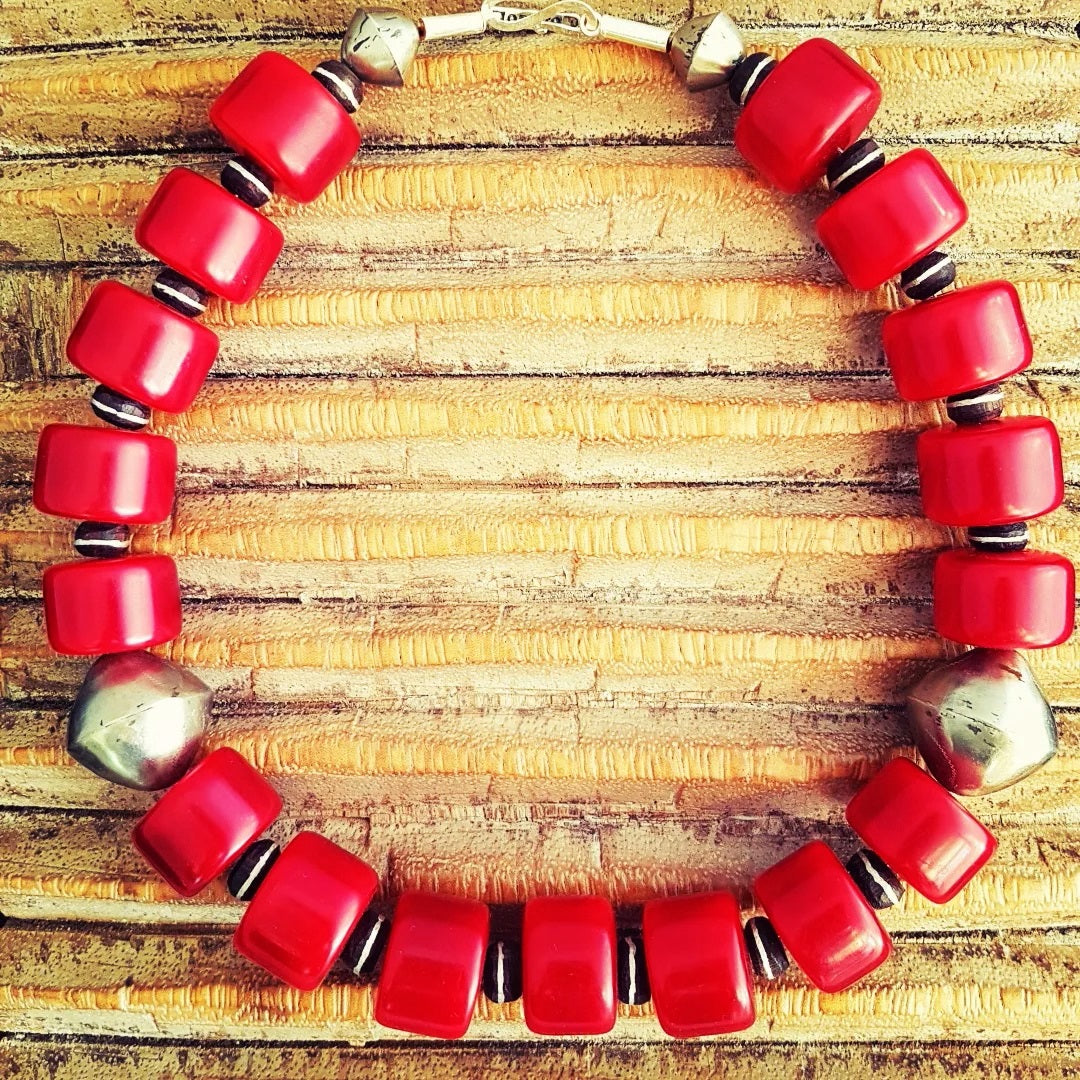 Red resin bead necklace from ambra jewelry