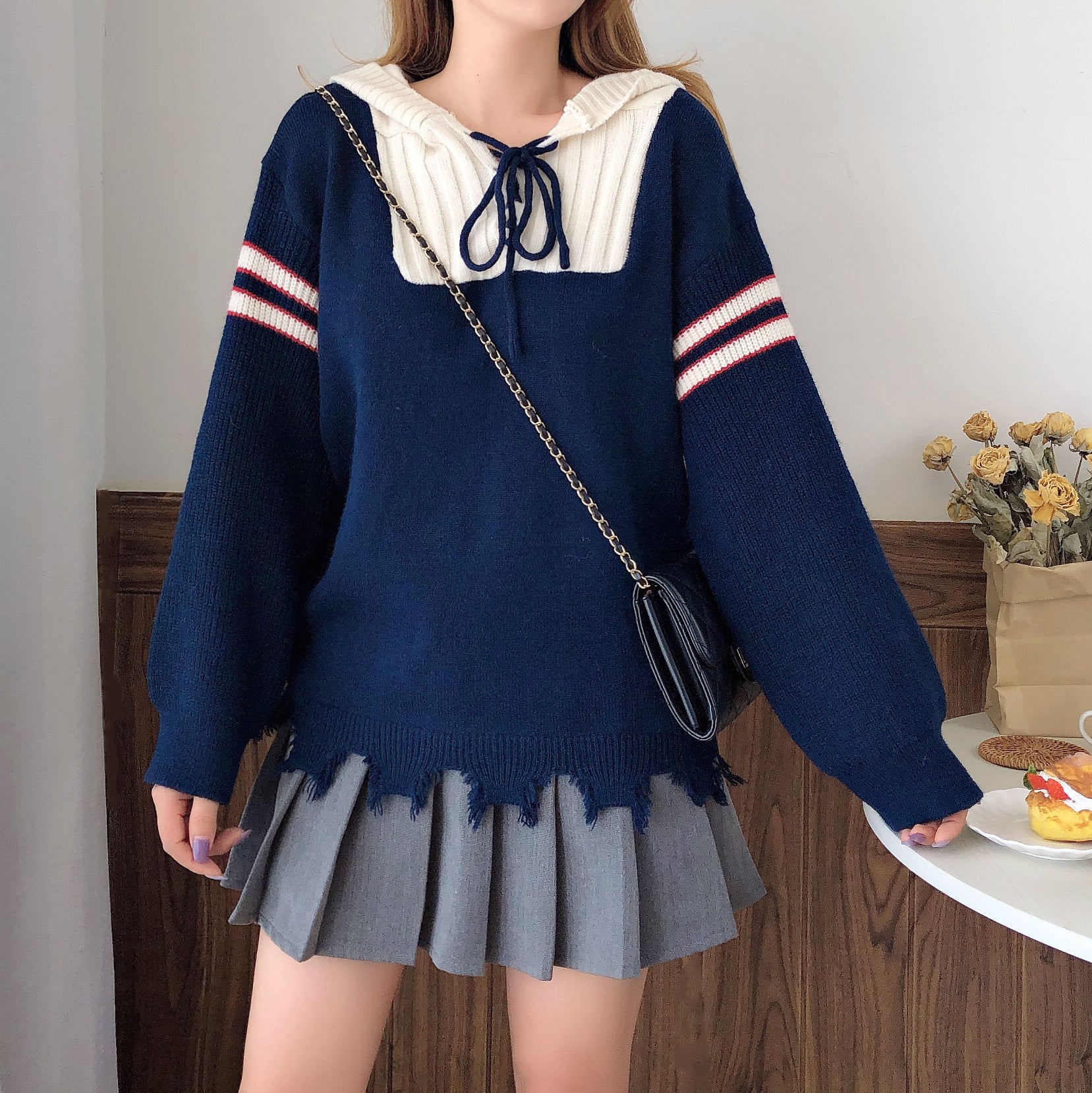 Woolen School Uniform hooded head tie Knitted Sweater Tassel Loose Fi ...
