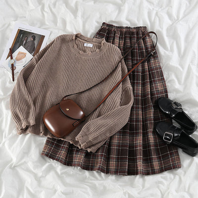 Two pc set plus size sweater ripped edge high waist plaid long skirt autumn sweet kawaii Korean suit