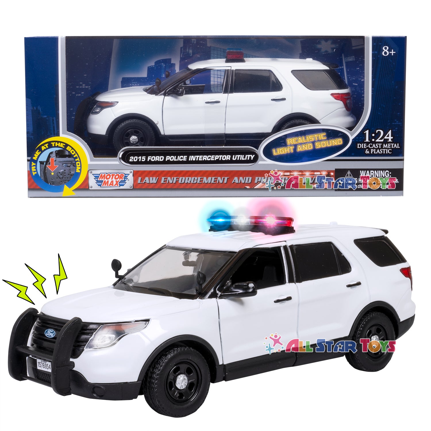 2015 Ford Explorer Police Interceptor Utility White with Light and Sound 1:24 Diecast Model Toy Car by MOTORMAX 79535