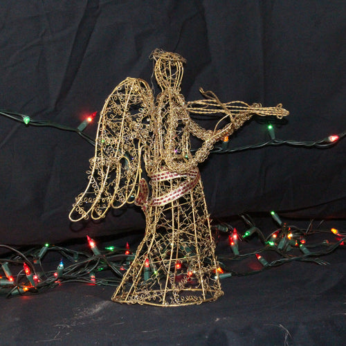 Vintage 12 Inch Gold Wire Christmas Angel Playing Viollin