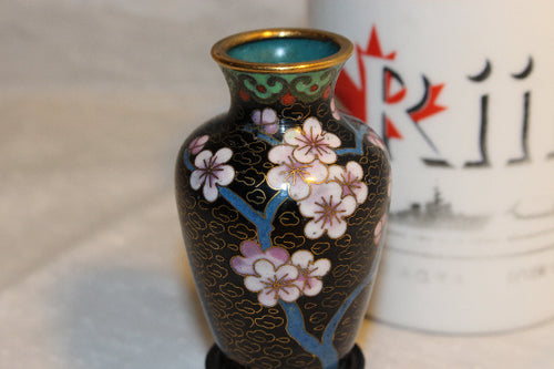SOLD! Vintage Miniature Asian Jingfa Cloisonne Vase with Stand With Flowers