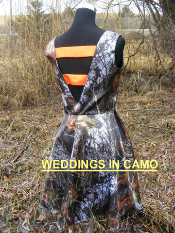 camo wedding dress with orange trim