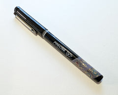 a Pilot Precise v7 roller ball pen with purple gold washi tape wrapped on the end of it