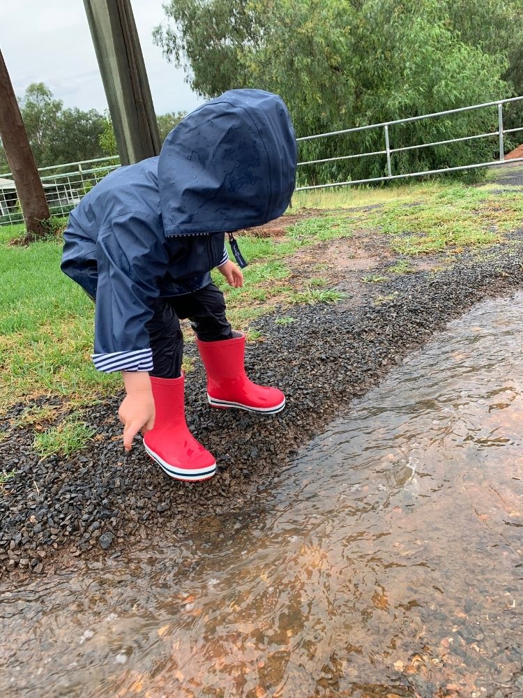 Red gumboots and blue raincoat for kids