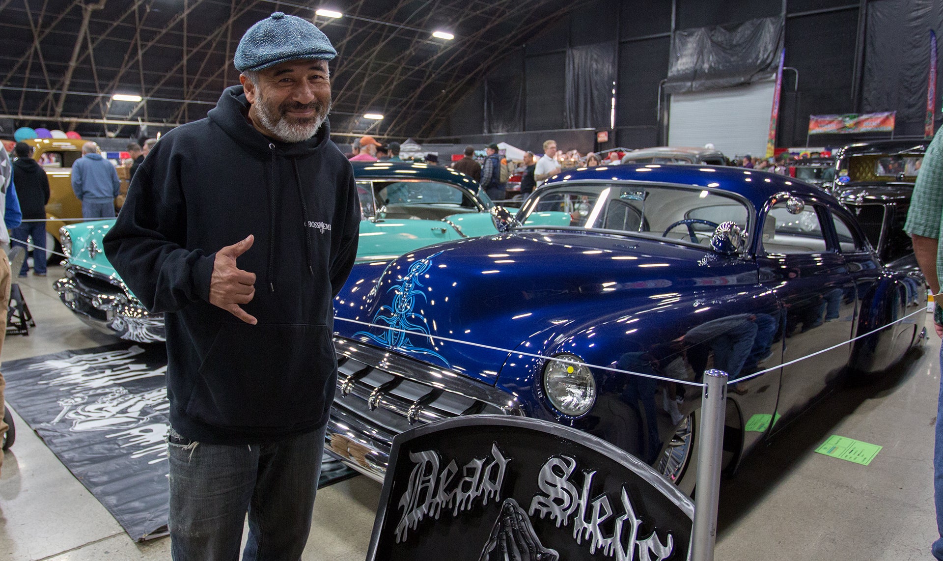 Steve Caballero next to Dead Sleds Kustom Car