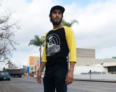 black and yellow baseball tee