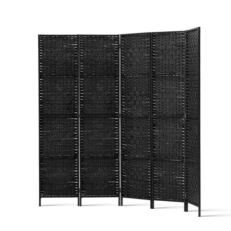 Artiss 4 Panel Room Divider Privacy Screen Rattan Woven Wood Stand Black Furniture > Living