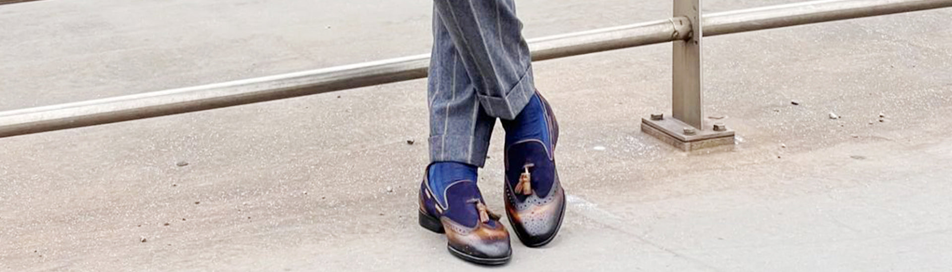 Declan Wingtip Tassel Loafer - Tan/Blue with Patina