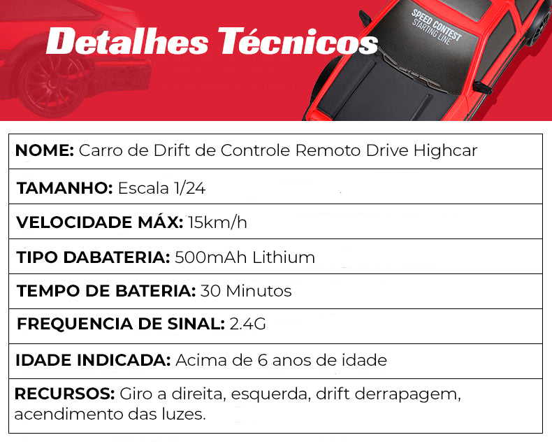 Carrinho de Drift e de Corrida com Controle Remoto 