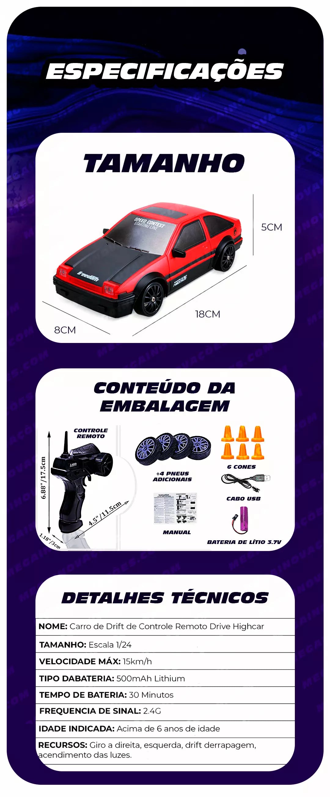 Carrinho de Drift com Controle Remoto (+Frete Grátis + 1 Bateria