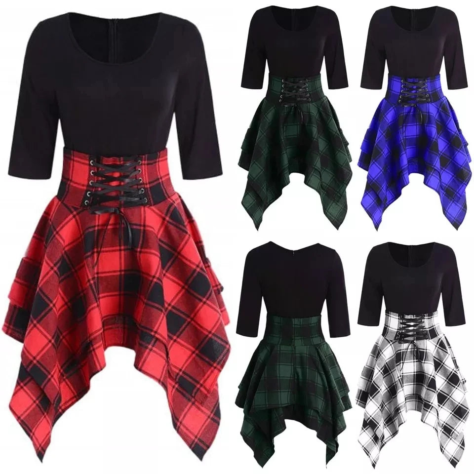 gothic lace up waist plaid irregular dress