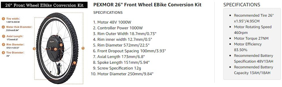 PEXMOR Electric Bike Conversion Kit, 48V 1000W 26 Front/Rear Wheel E-Bike  Conversion Kit, Ebike Hub Motor Kit Upgrade 3 Mode Controller w/PAS/LCD