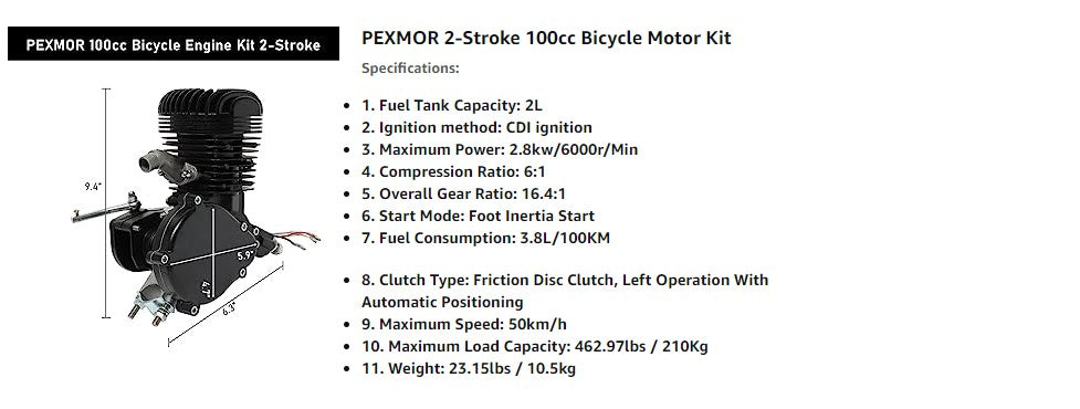 PEXMOR 100cc Bicycle Motor Engine Kit, 2-Stroke Petrol Gas Motor Motorized  Bike Kit, Gas Bike Conversion Refit Set Super Fuel-efficient for 26 28 V  Frame Bicycle 