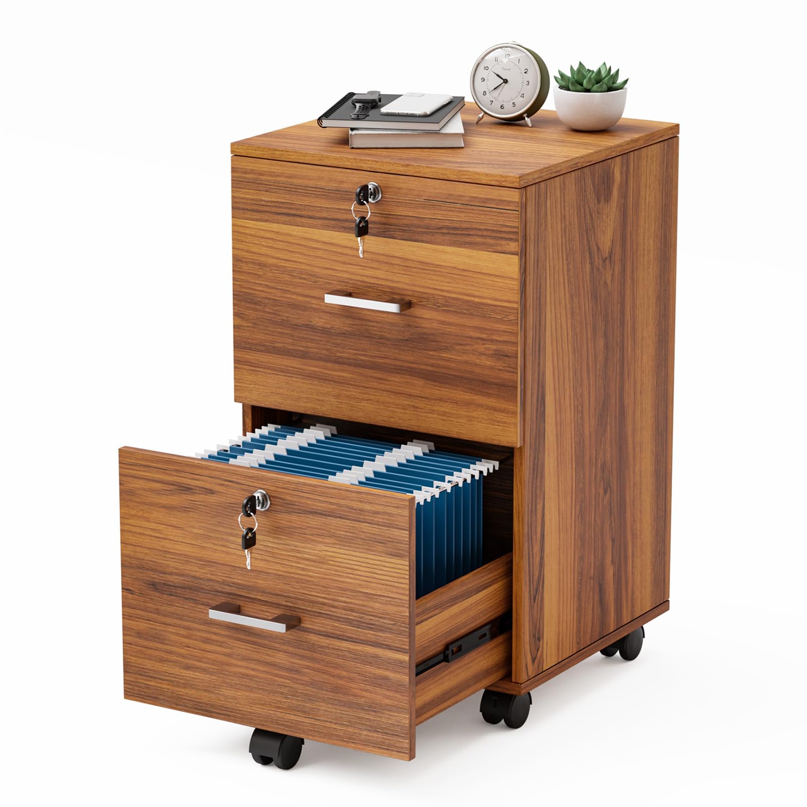 Rolling Two Drawer Vertical Filing Cabinet with Lock and Storage