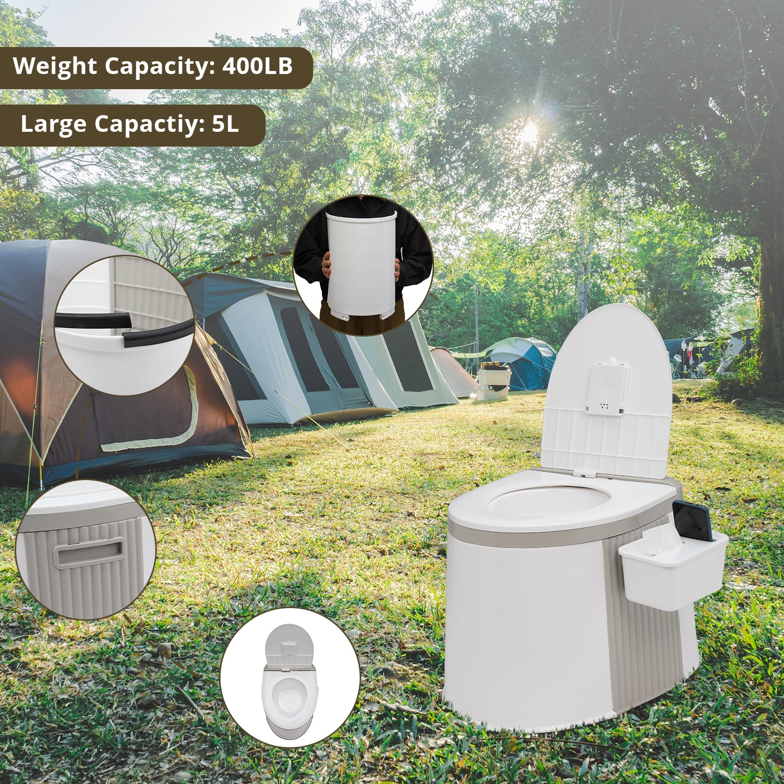 VINGLI Portable Plastic Toilet Lightweight Camping RV Toilet with 5 Ga