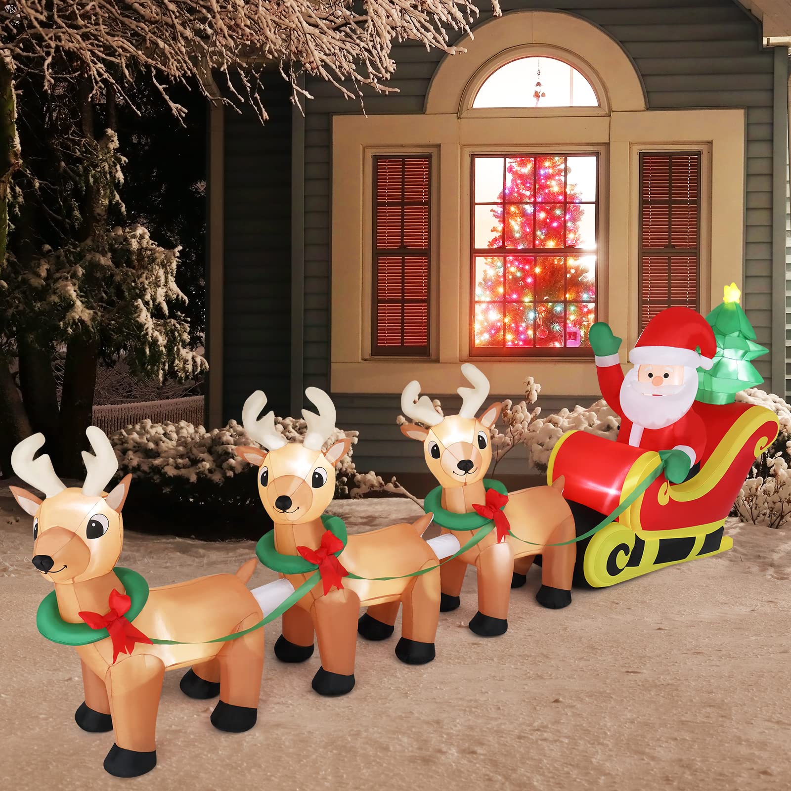 VINGLI 7/10 FT Long Inflatable Santa Claus on Sleigh With 2/3 Reindeer
