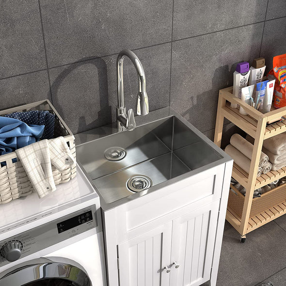 VINGLI 24 Inch Kitchen Sink Laundry Sink with Cabinet White/Grey