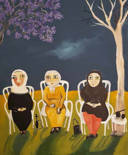 Artwork ofThree Ladies sitting on chairs in a park