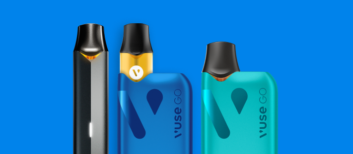 Vuse Go Reload vape pens on a blue background